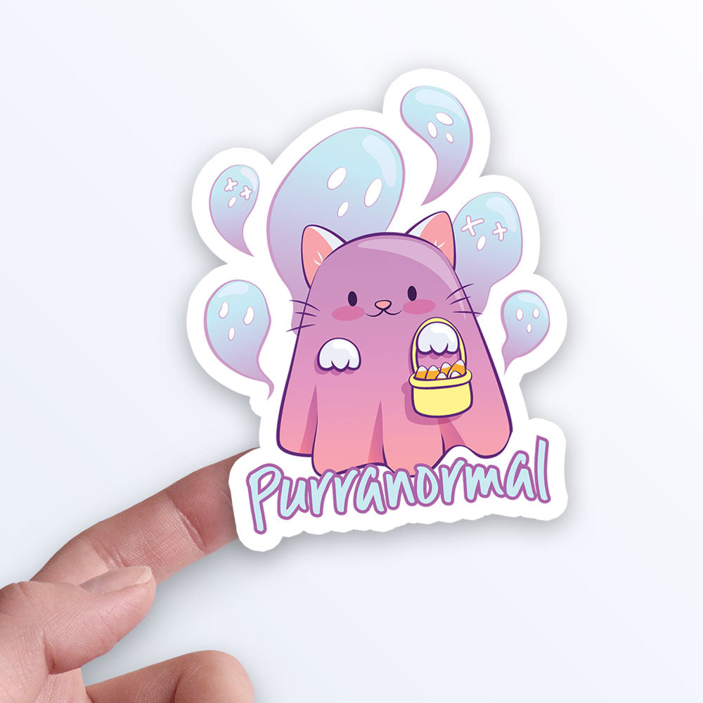 Purranormal Kawaii Ghost Cat Sticker on hand