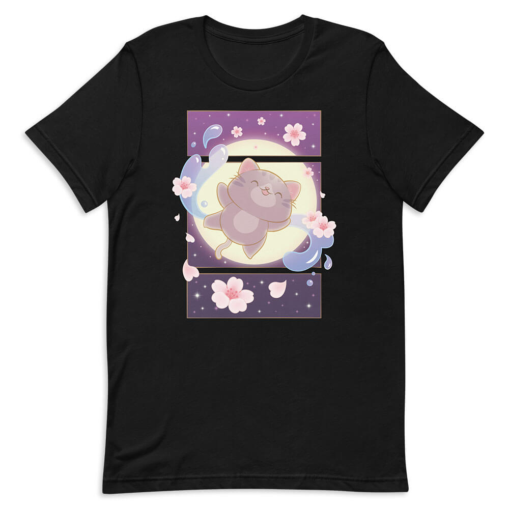 Sakura Flight Fantasy Kawaii Cat T-shirt Black