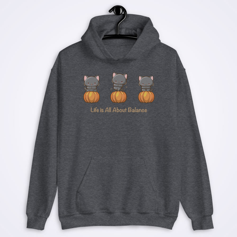 Yoga Cats on Pumpkins Cute Kawaii Hoodie for Fall - Dark Grey Heather