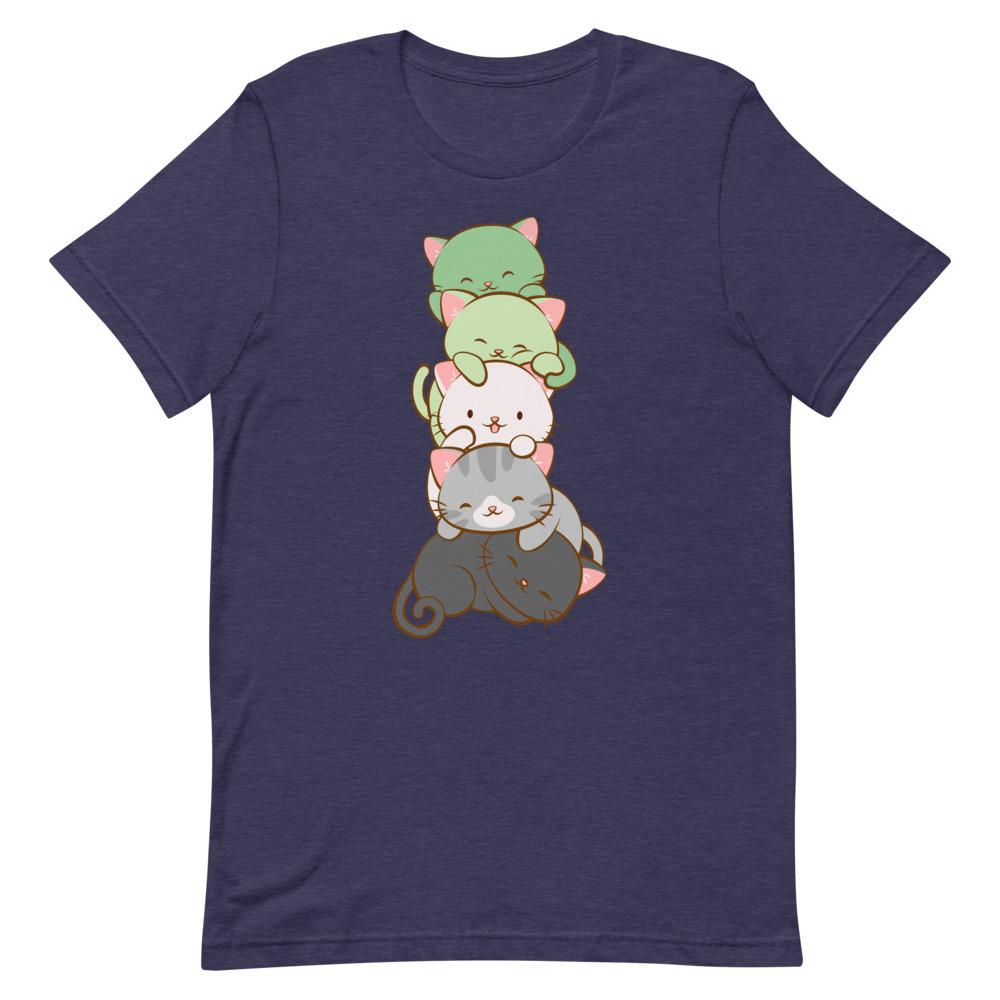 Kawaii Cat Pile Aromantic Pride T-Shirt S / Heather Midnight Navy