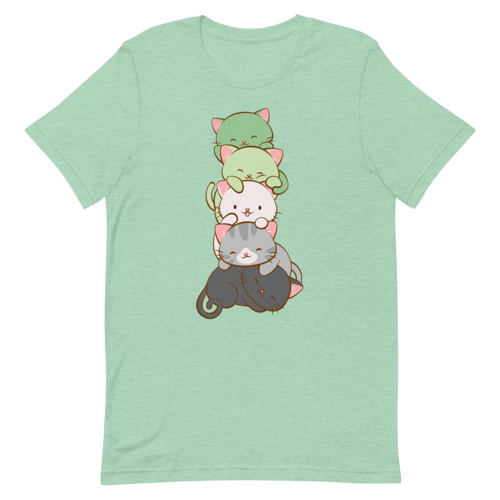Kawaii Cat Pile Aromantic Pride T-Shirt S / Heather Prism Mint
