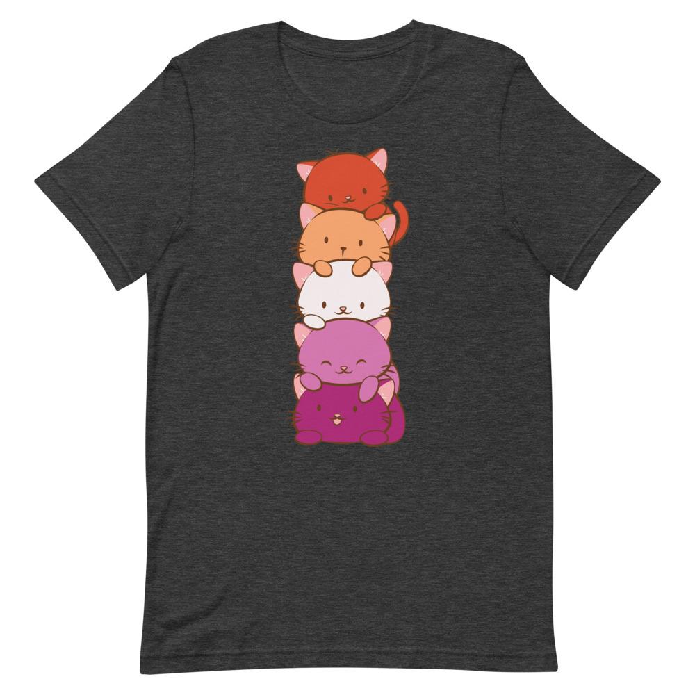 Kawaii Cat Pile Lesbian Pride T-Shirt S / Dark Grey Heather