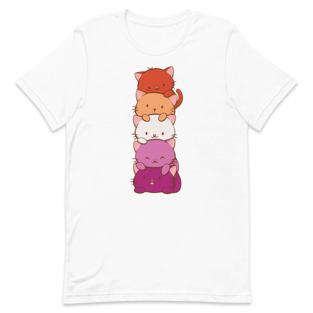 Kawaii Cat Pile Lesbian Pride T-Shirt - white