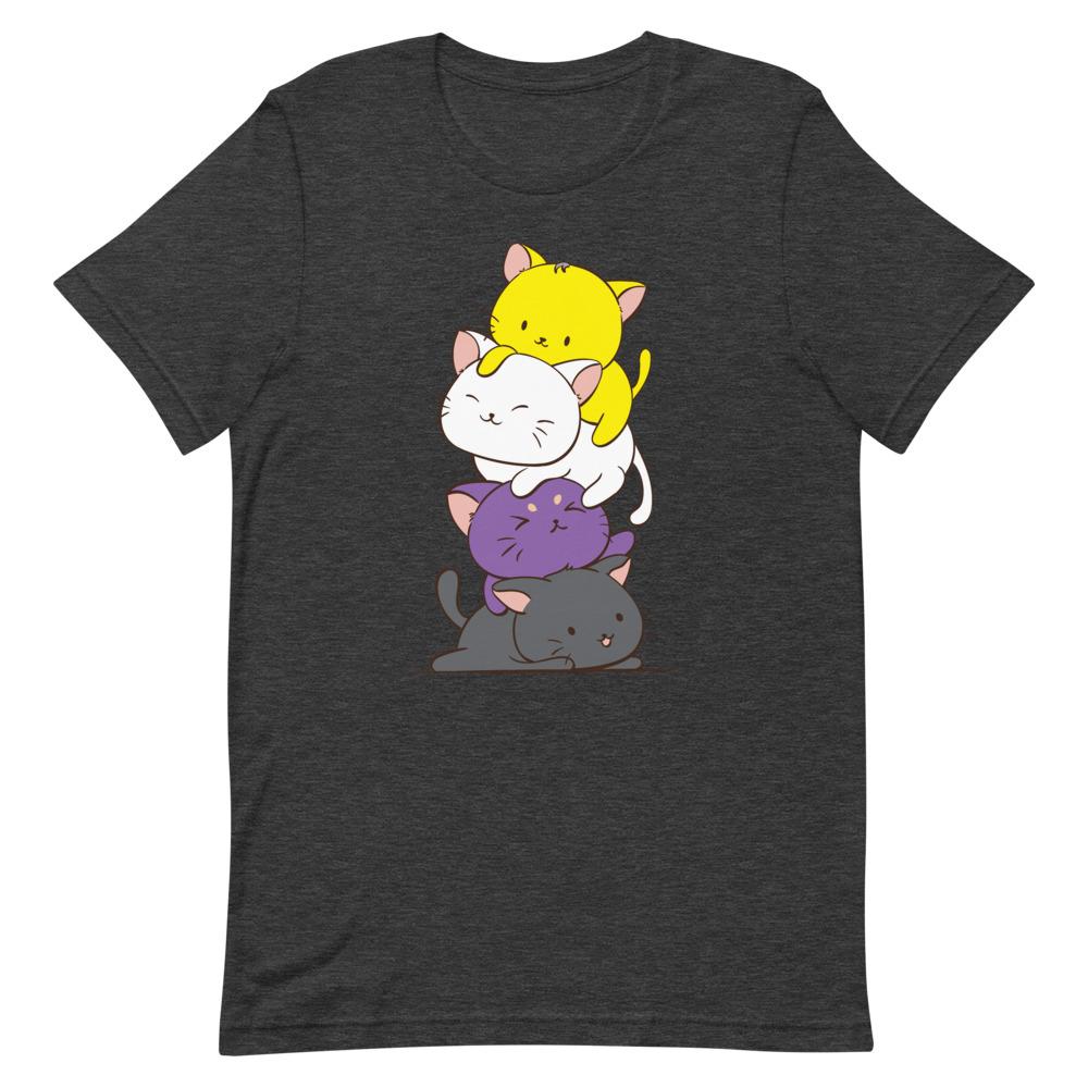Kawaii Cat Pile Non-Binary Pride T-Shirt S / Dark Grey Heather