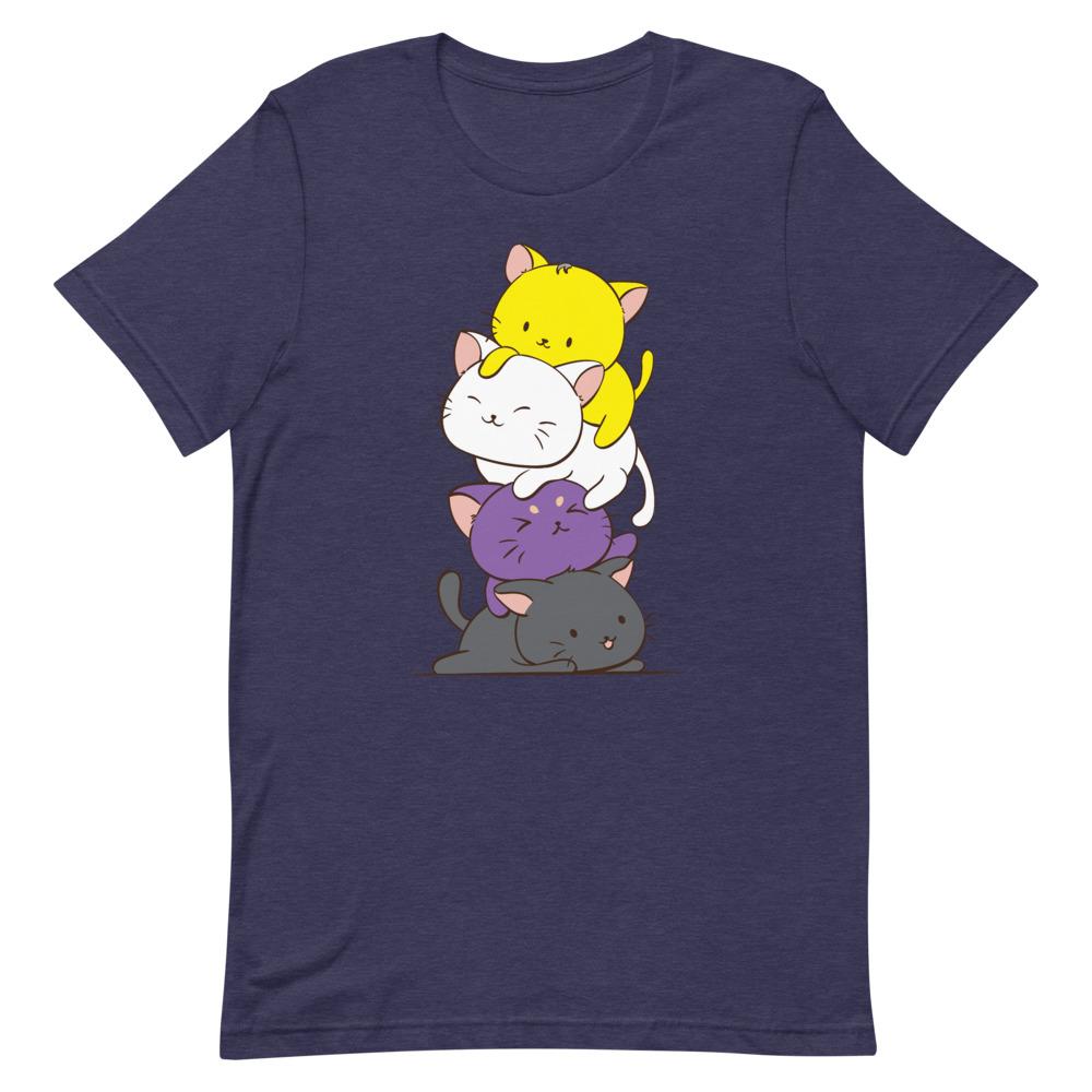 Kawaii Cat Pile Non-Binary Pride T-Shirt S / Heather Midnight Navy