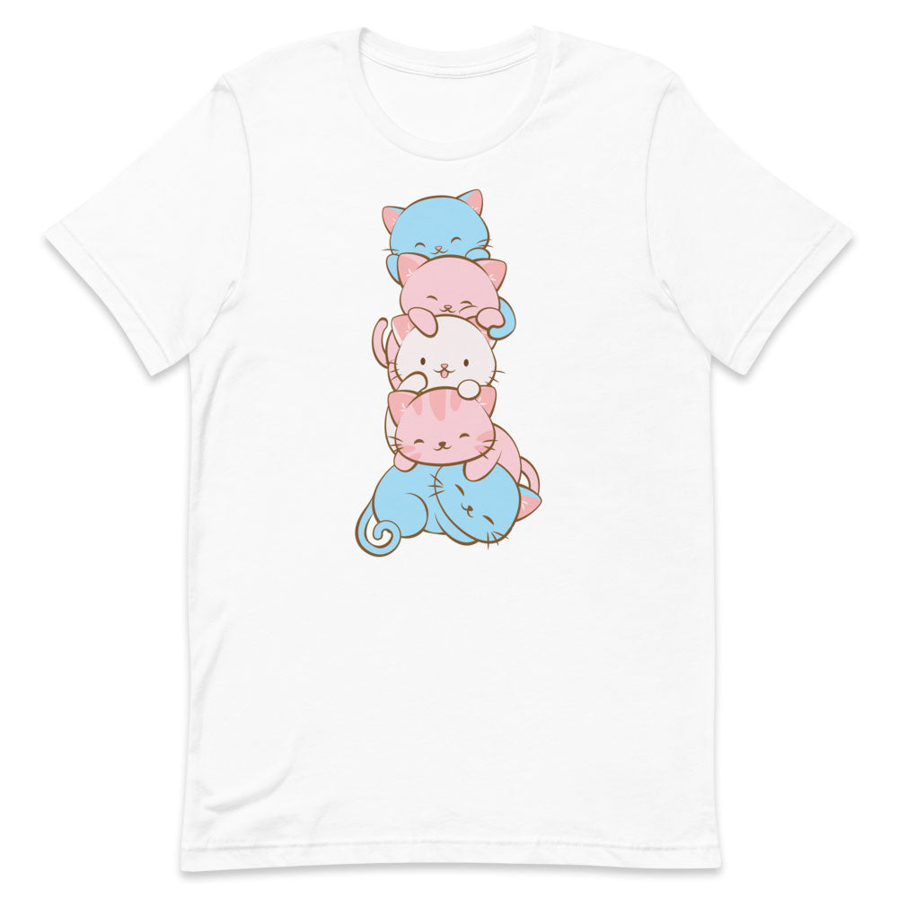 Kawaii Cat Pile Transgender Pride T-Shirt - White