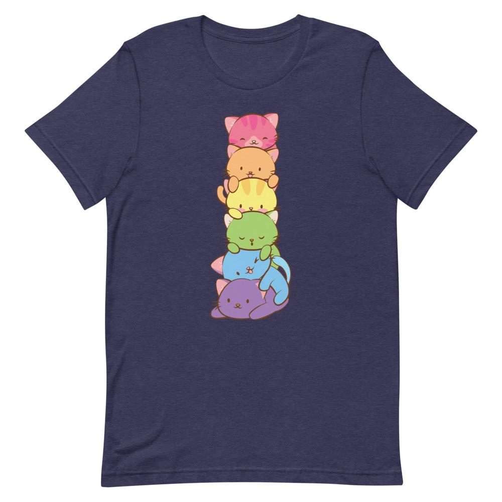 Kawaii Rainbow Cat Pile Gay Pride T-Shirt S / Heather Midnight Navy