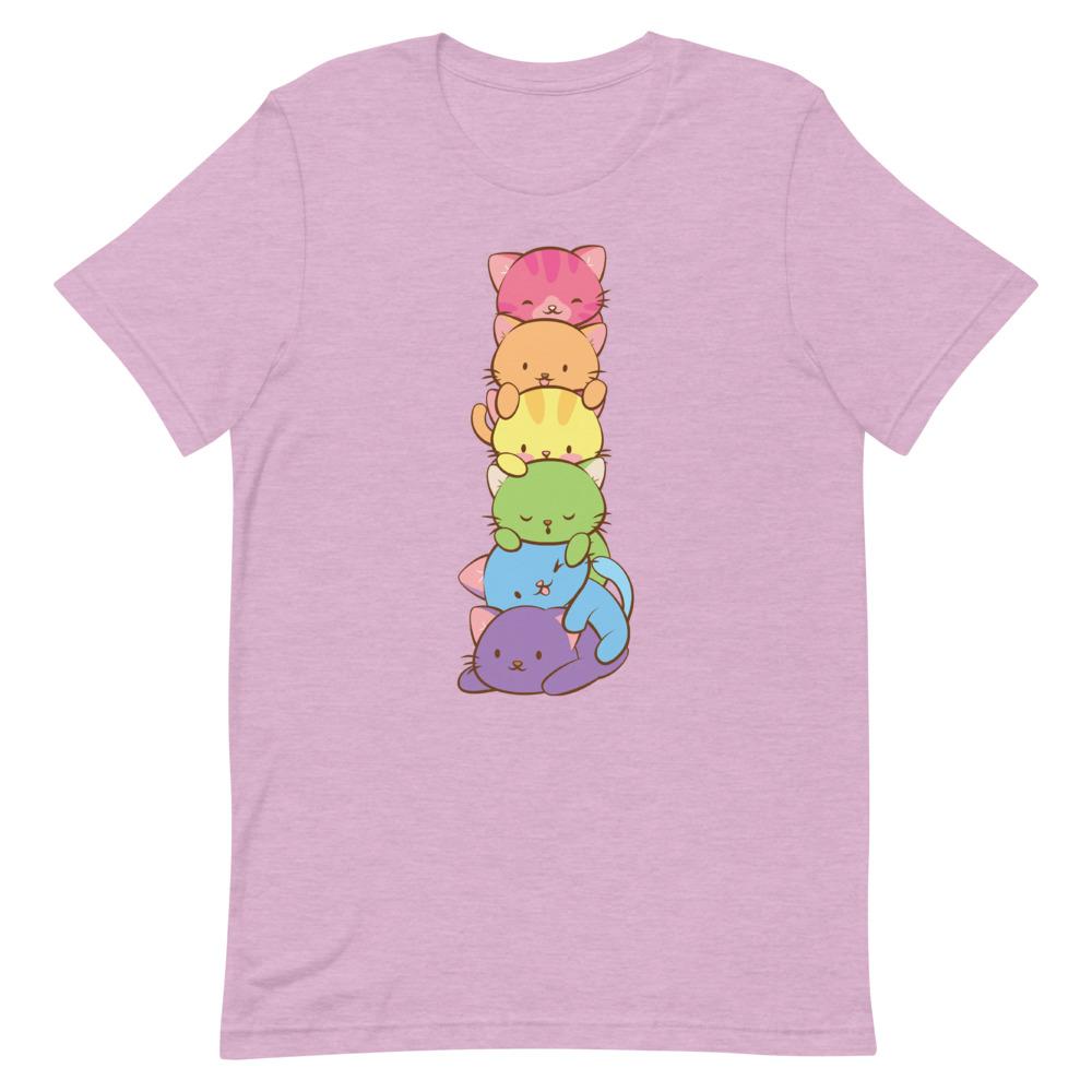 Kawaii Rainbow Cat Pile Gay Pride T-Shirt S / Heather Prism Lilac