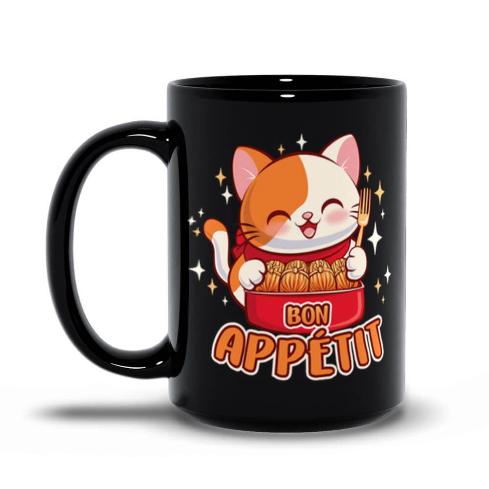 Bon Appetit Kawaii Cat Cute Mug, Black, 15 oz