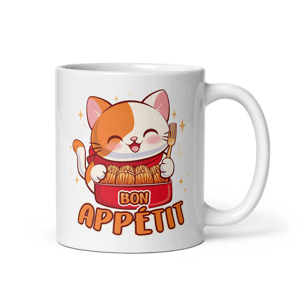 Bon Appetit Kawaii Cat Cute Mug, White, 11 oz