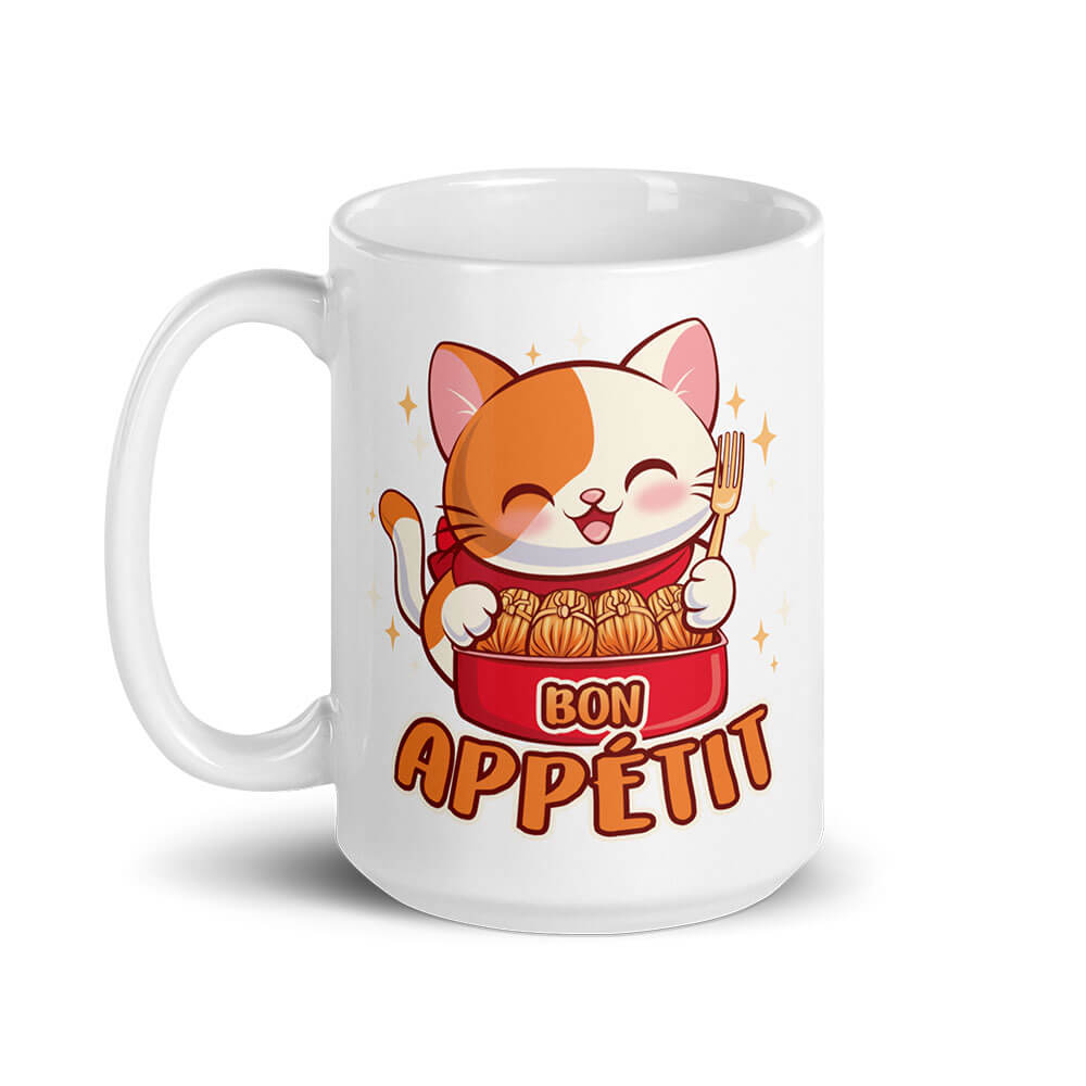 Bon Appetit Kawaii Cat Cute Mug, White, 15 oz