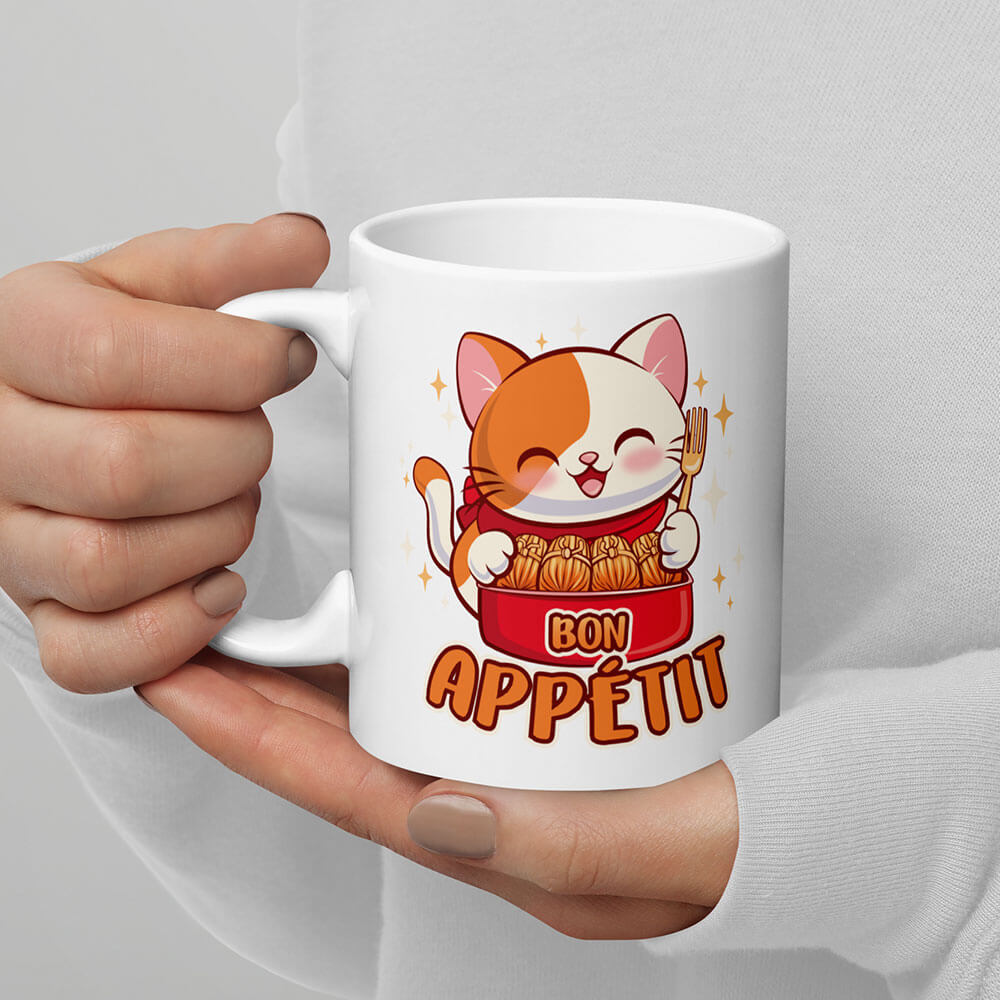 Bon Appetit Kawaii Cat Cute Mug on hand
