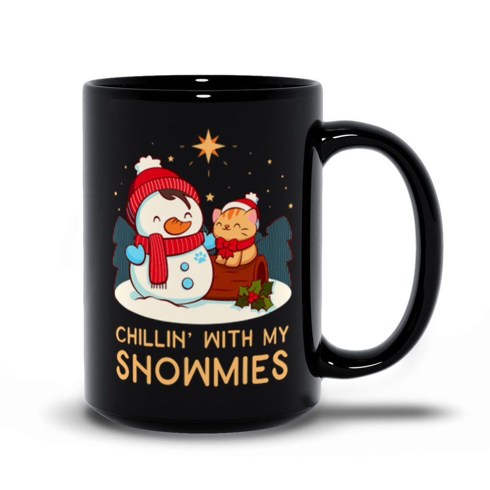 Chillin' with my Snowmies Snowman and Kawaii Cat Cute Mug - Black 15 oz