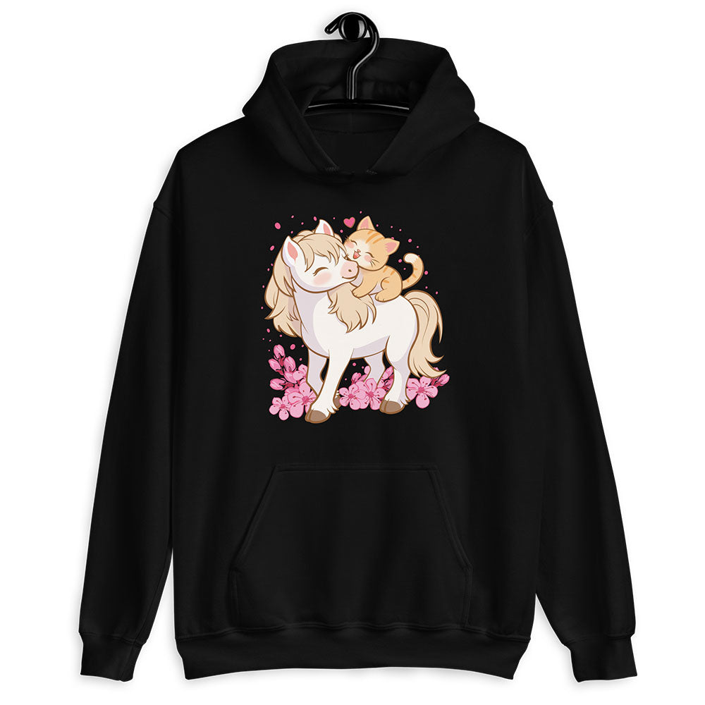 Cute Cat and Horse Kawaii Hoodie - Black