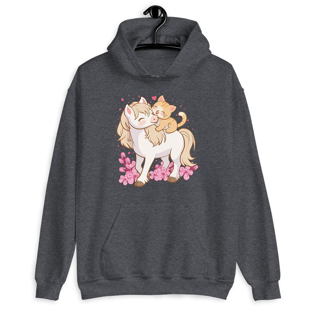 Cute Cat and Horse Kawaii Hoodie - Dark Grey Heather