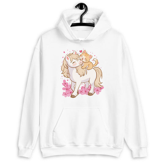 Cute Cat and Horse Kawaii Hoodie - White