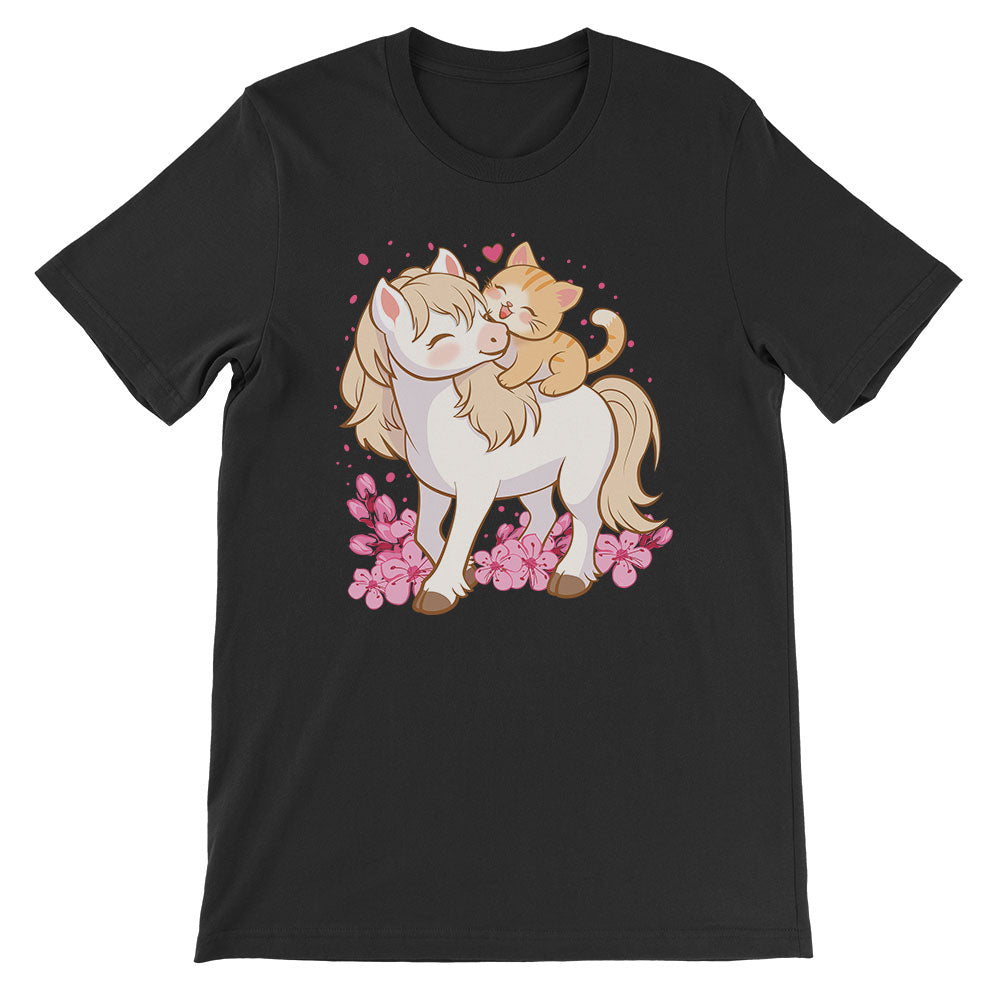 Cute Cat and Horse Kawaii T-shirt - Black