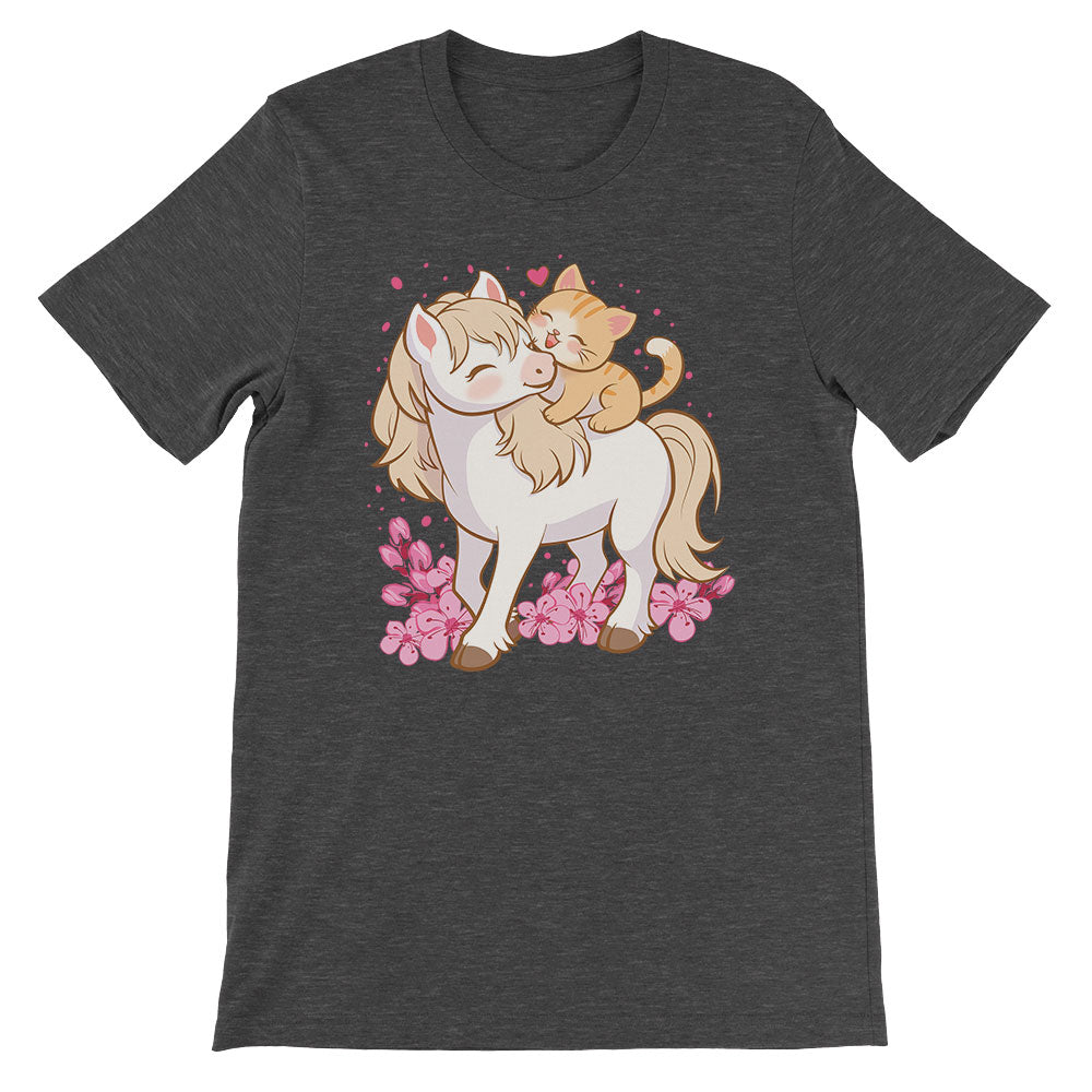 Cute Cat and Horse Kawaii T-shirt - Dark Grey Heather
