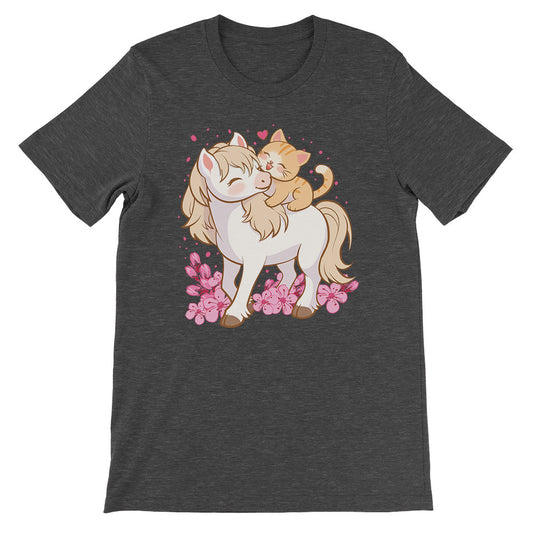 Cute Cat and Horse Kawaii T-shirt - Dark Grey Heather
