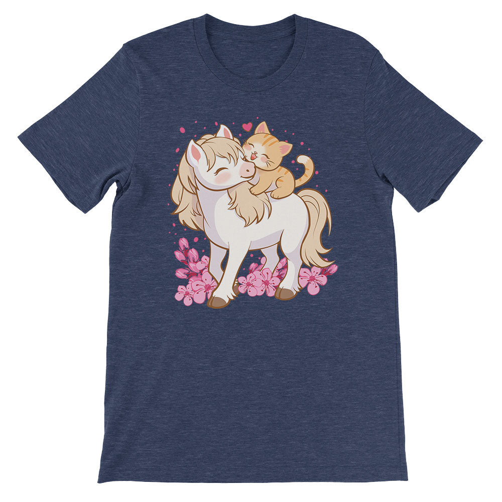 Cute Cat and Horse Kawaii T-shirt - Heather Navy