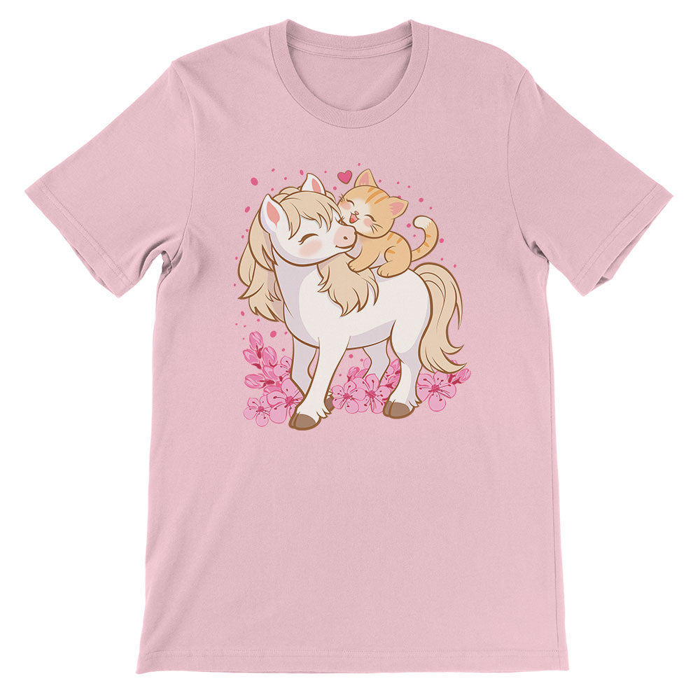 Cute Cat and Horse Kawaii T-shirt - Pink