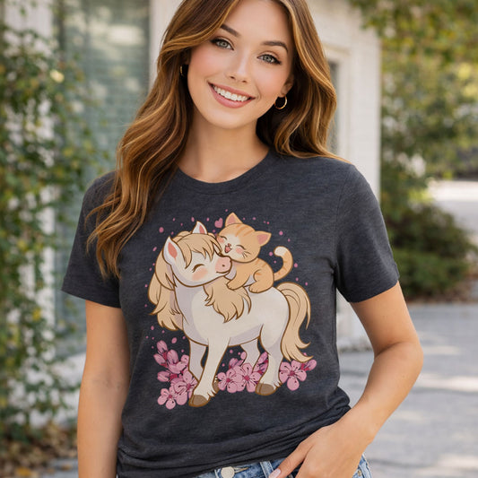 Cute Cat and Horse Kawaii T-shirt for women
