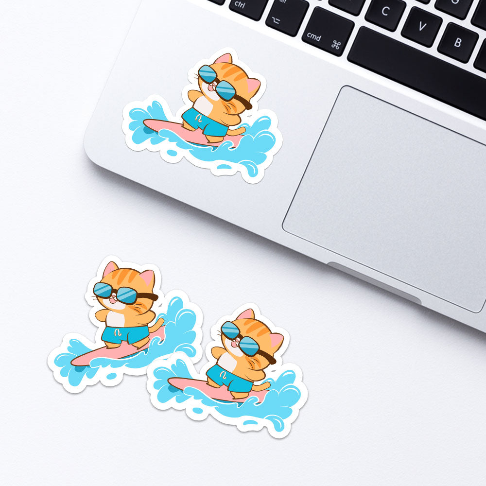 Cute Surfer Cat Surfing Water Sport Kawaii Stickers for Laptop