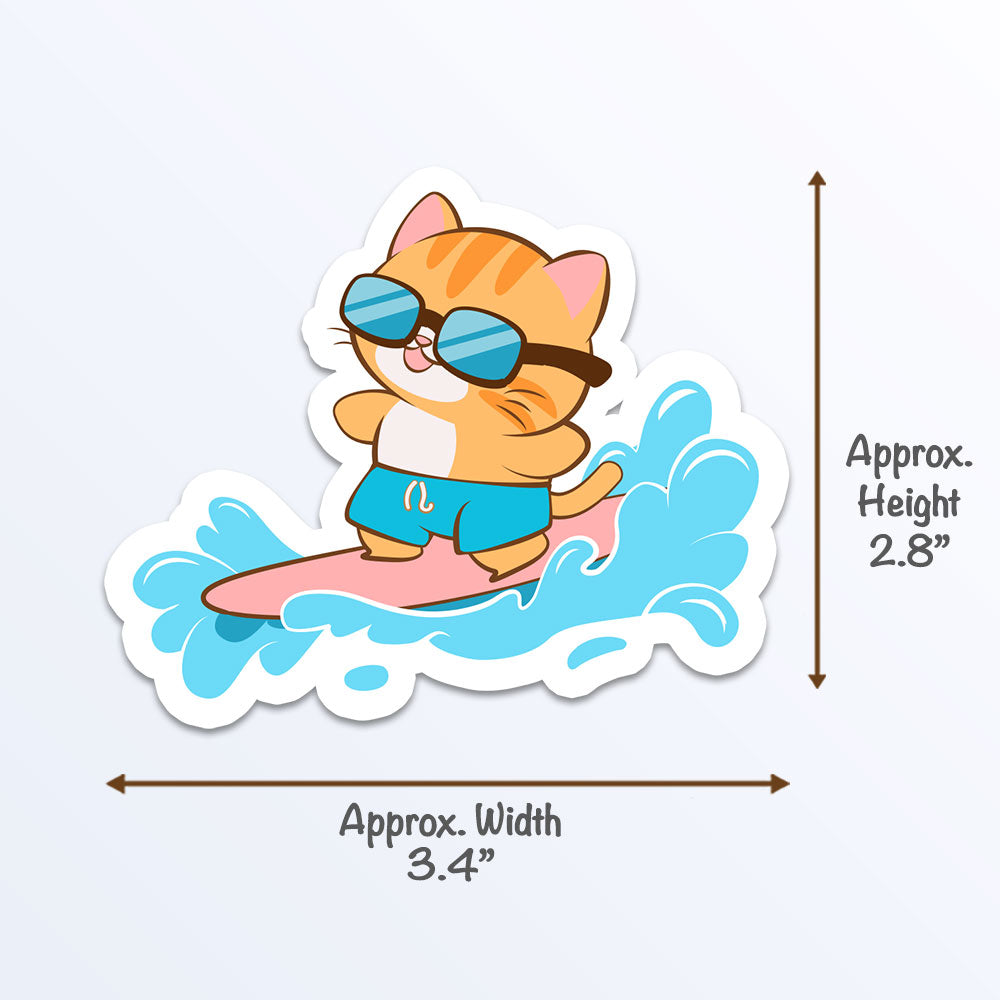 Cute Surfer Cat Surfing Water Sport Kawaii Sticker Measurements