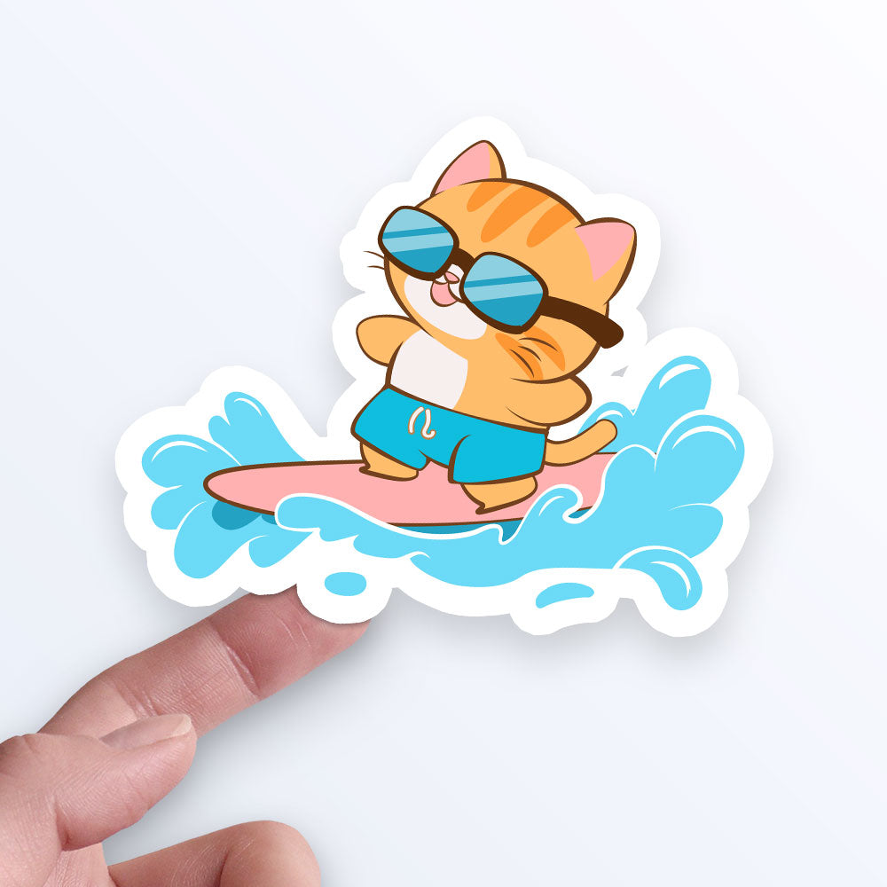 Cute Surfer Cat Surfing Water Sport Kawaii Sticker on hand