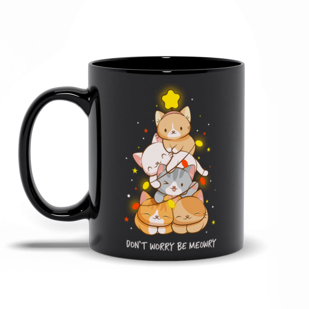 Don't Worry Be Meowry Christmas Tree Cats Cute Mug - Black 11oz