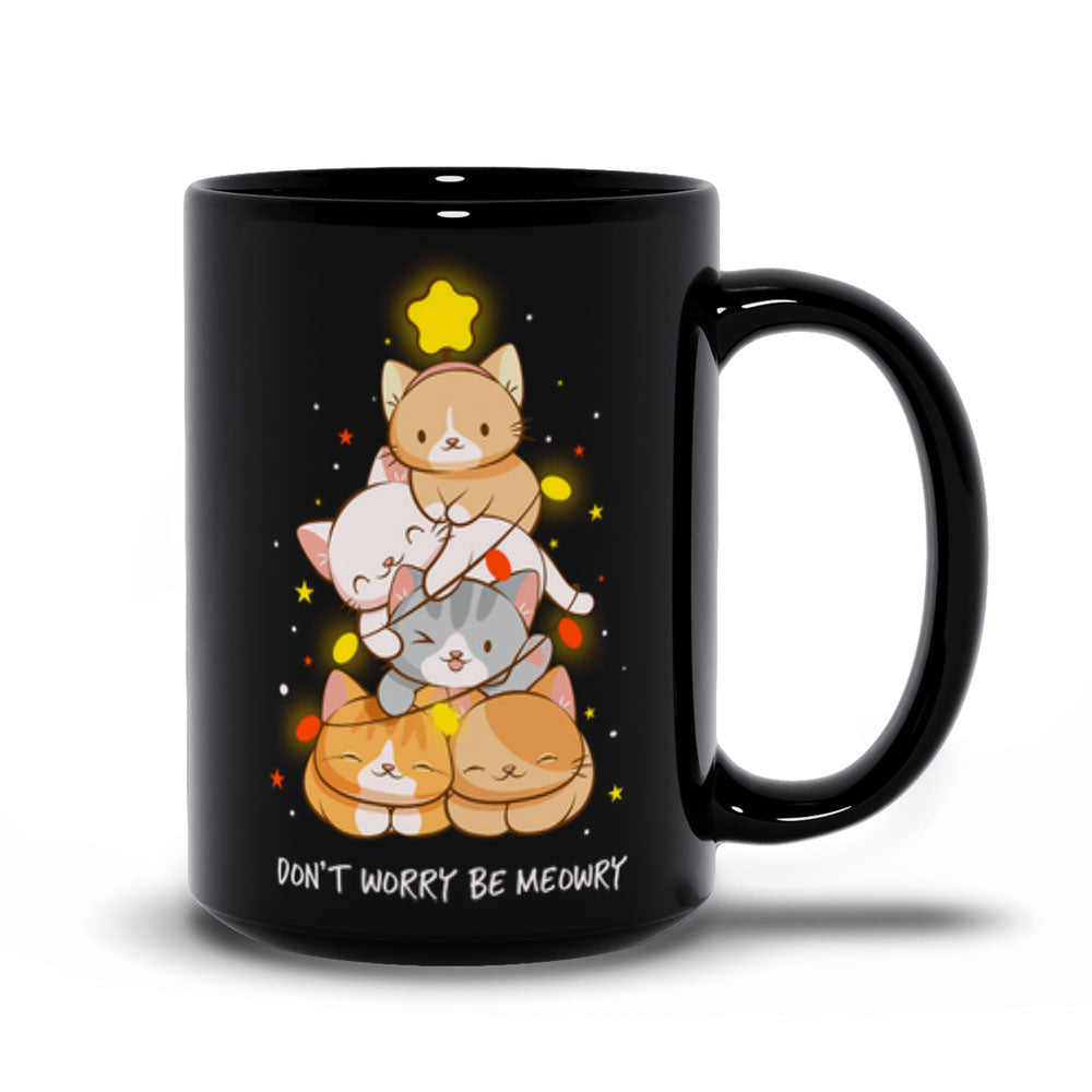 Don't Worry Be Meowry Christmas Tree Cats Cute Mug - Black 15oz