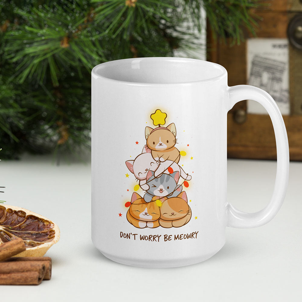 Don't Worry Be Meowry Christmas Tree Cats Cute Mug for Holiday