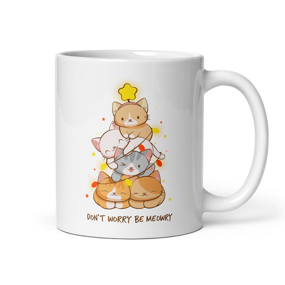 Don't Worry Be Meowry Christmas Tree Cats Cute Mug - White 11oz