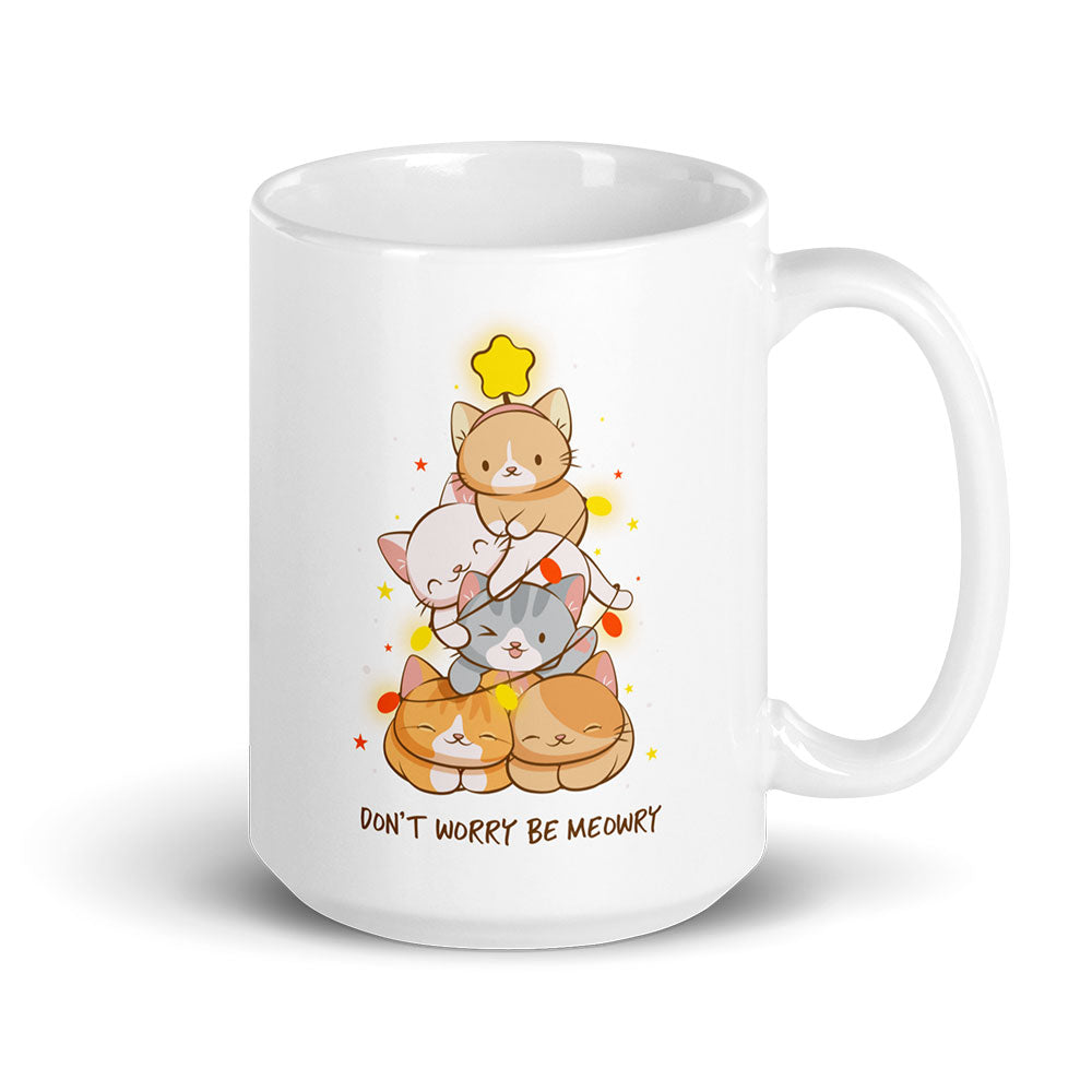 Don't Worry Be Meowry Christmas Tree Cats Cute Mug - White 15oz