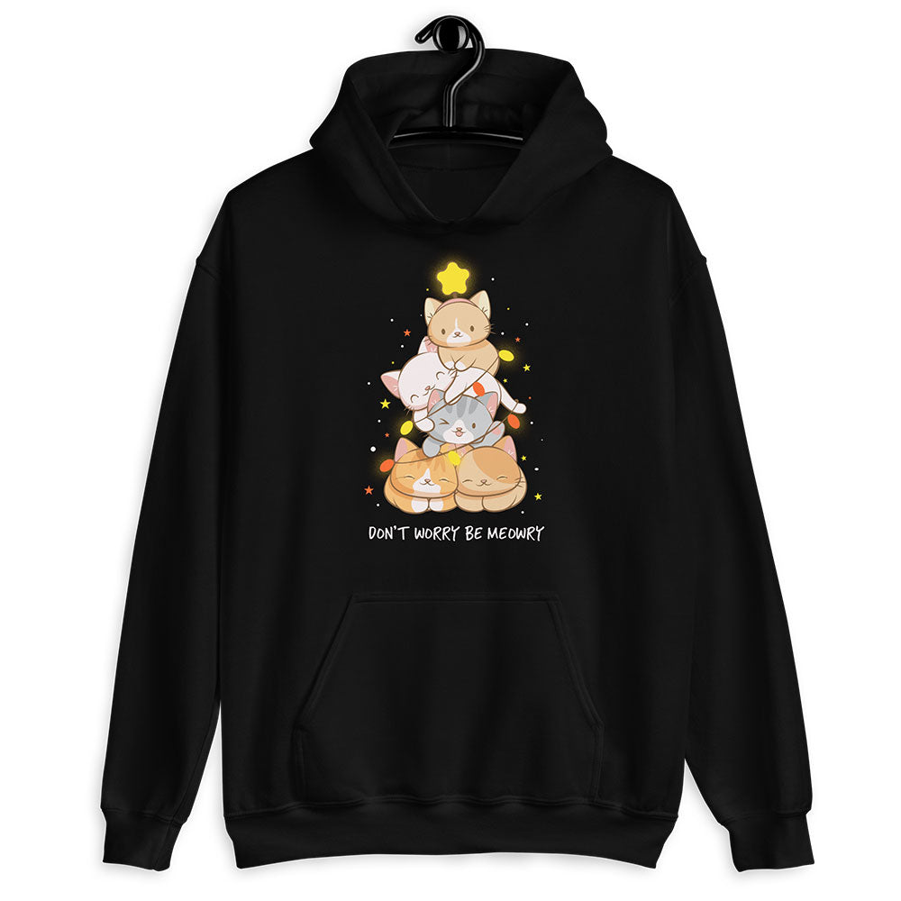 Don't Worry Be Meowry Christmas Tree Cats Kawaii Hoodie - Black