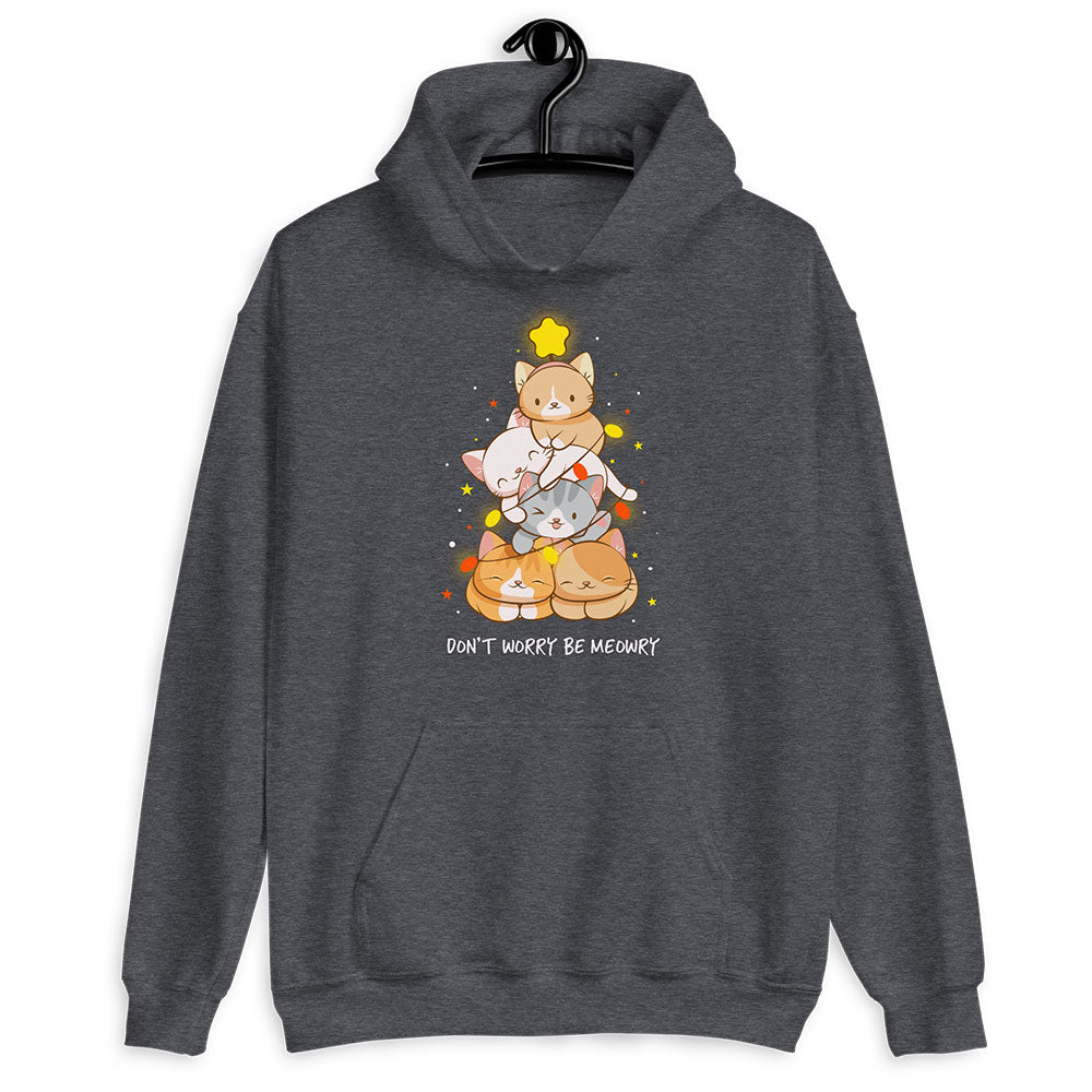 Don't Worry Be Meowry Christmas Tree Cats Kawaii Hoodie - Dark Heather