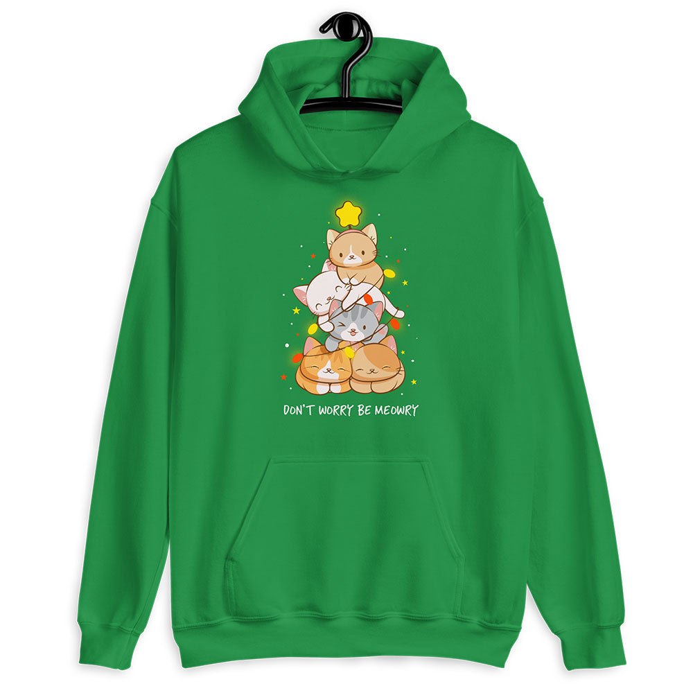 Don't Worry Be Meowry Christmas Tree Cats Kawaii Hoodie - Green