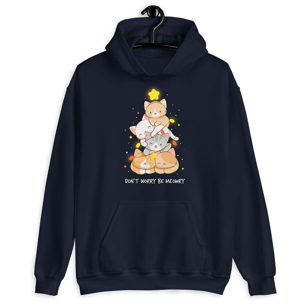 Don't Worry Be Meowry Christmas Tree Cats Kawaii Hoodie - Navy