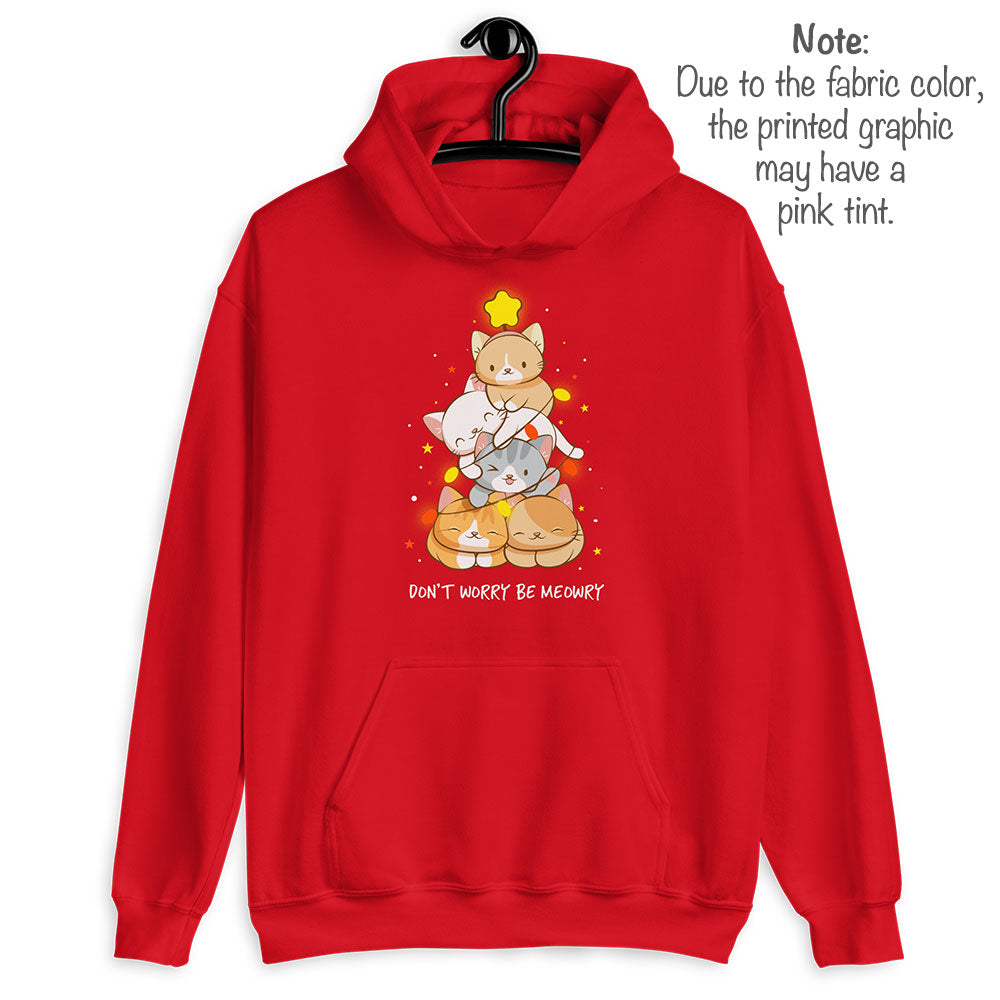 Don't Worry Be Meowry Christmas Tree Cats Kawaii Hoodie - Red