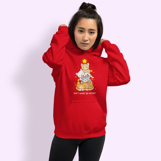 Don't Worry Be Meowry Christmas Tree Cats Kawaii Hoodie for women