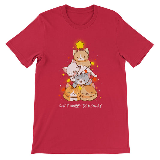 Don't Worry Be Meowry Christmas Tree Cats Kawaii T-shirt - Red