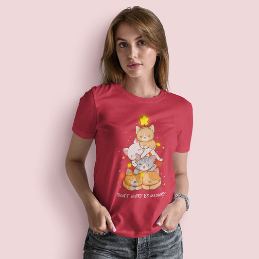 Don't Worry Be Meowry Christmas Tree Cats Kawaii T-shirt for women