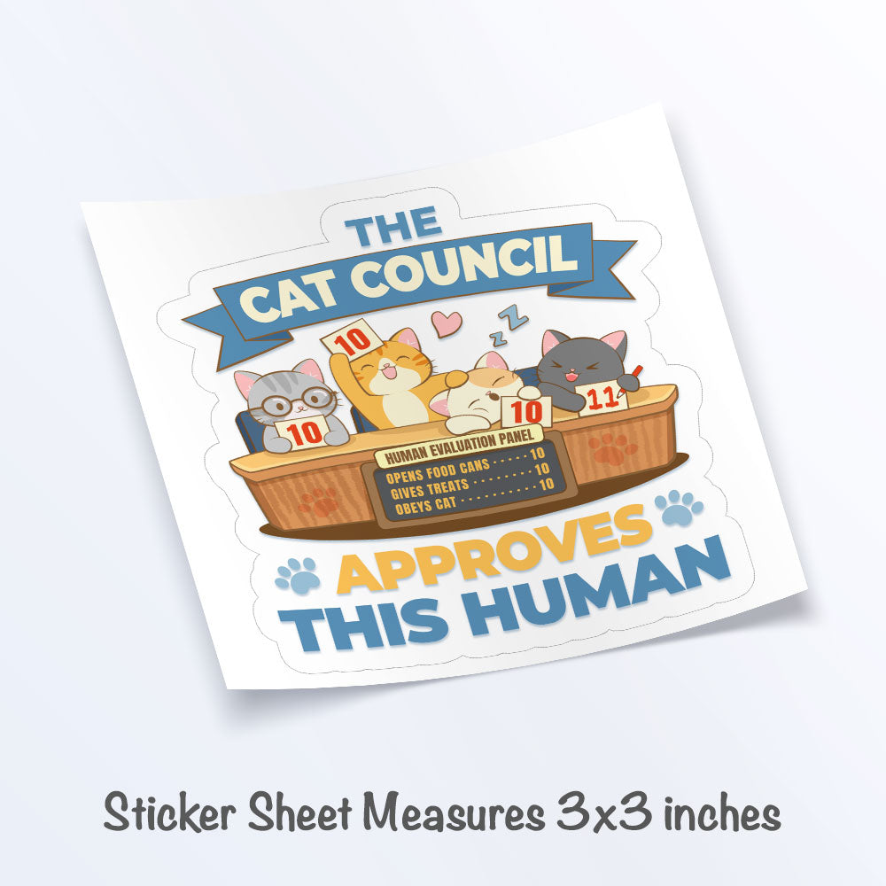 Funny Cat Council Kawaii Sticker Sheet measures 3x3 inches