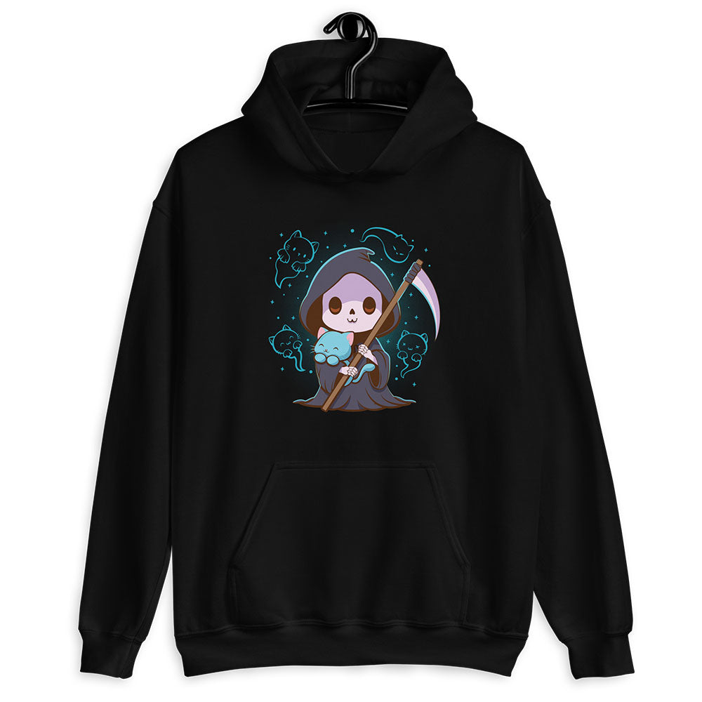 Grim Reaper and Cute Cat Ghost Kawaii Hoodie - Black