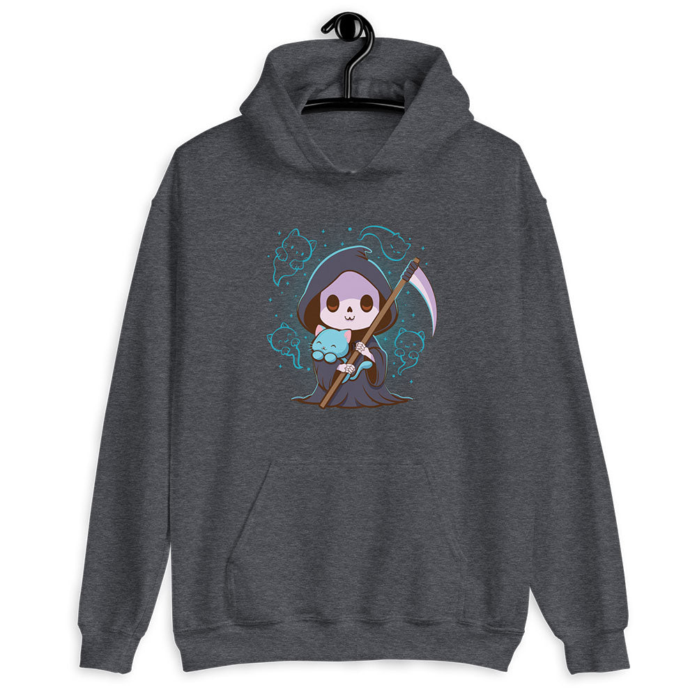 Grim Reaper and Cute Cat Ghost Kawaii Hoodie - Dark Grey Heather