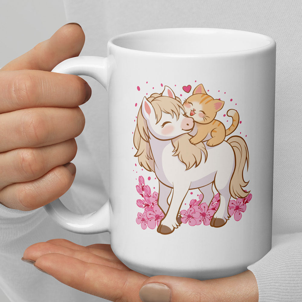 Kawaii Cat and Horse Cute Mug in hand