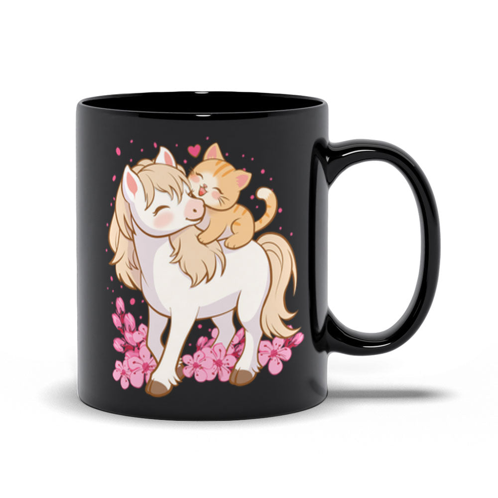 Kawaii Cat and Horse Cute Mug, Black 11 oz