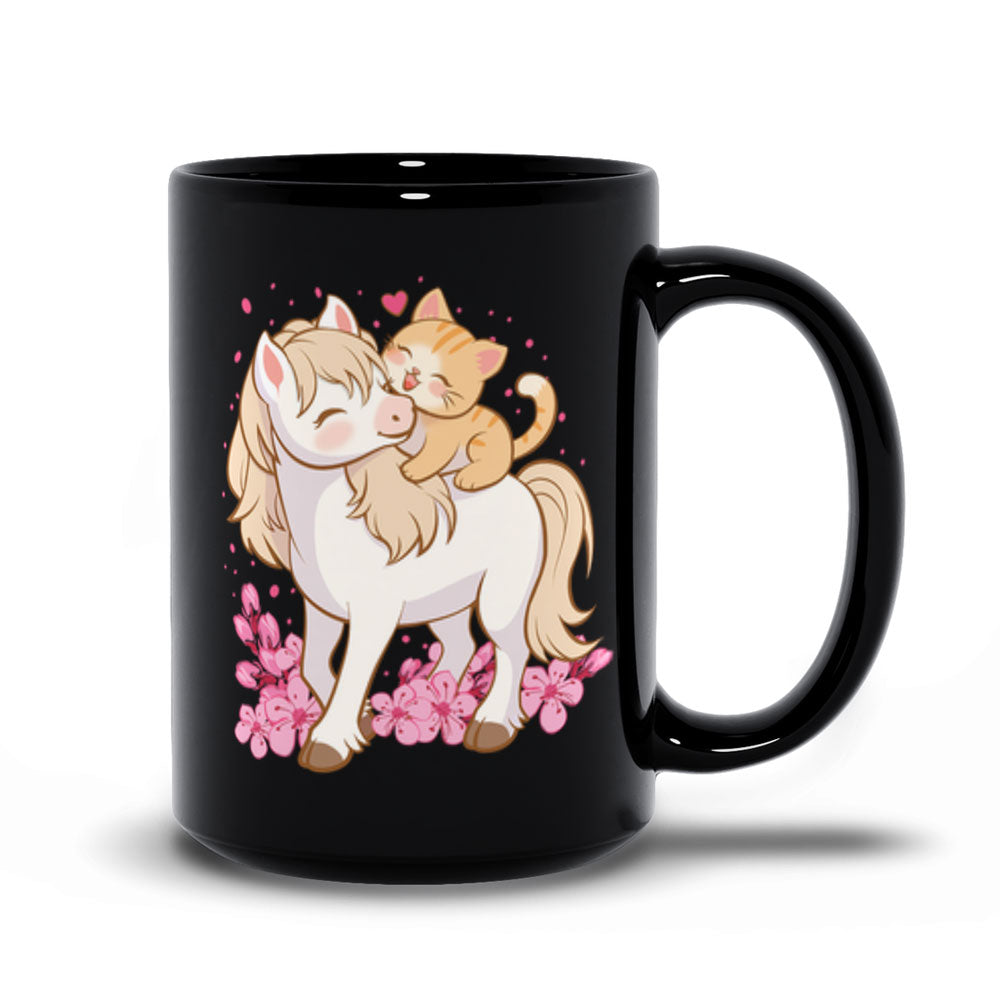 Kawaii Cat and Horse Cute Mug, Black 15 oz