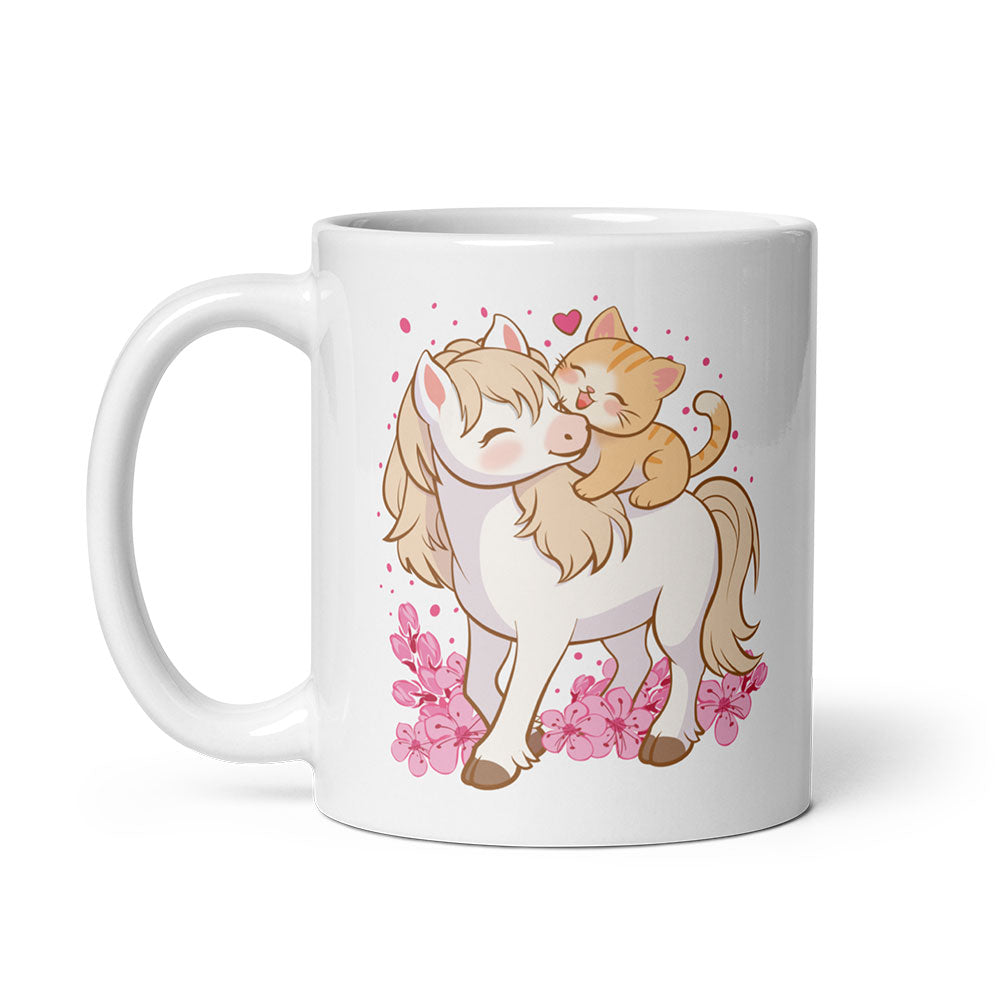 Kawaii Cat and Horse Cute Mug, White 11 oz