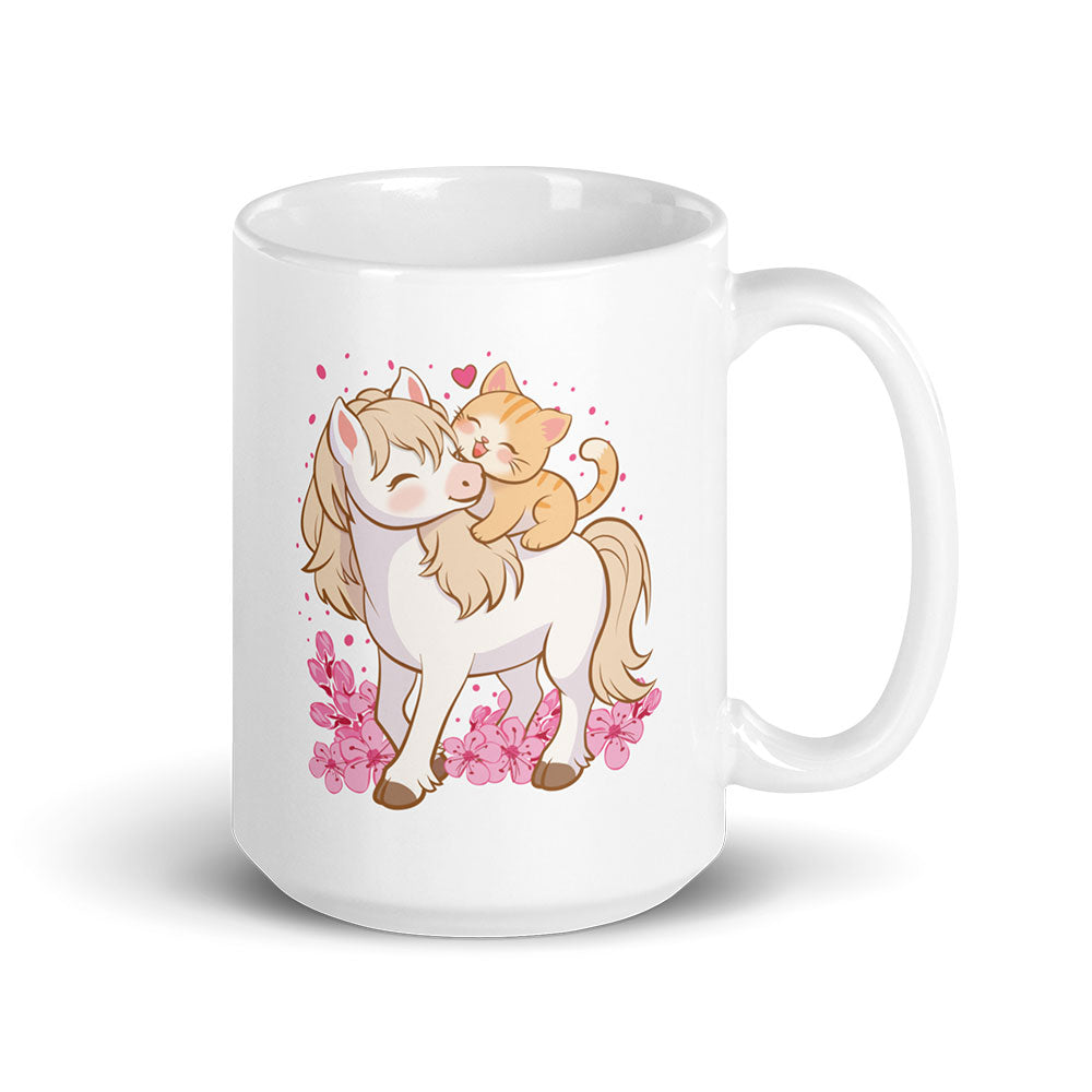 Kawaii Cat and Horse Cute Mug, White 15 oz